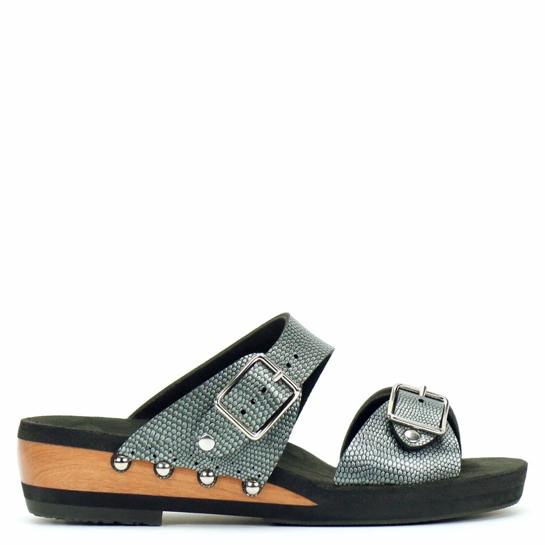 Low Wedge Buckle Toe Mule in Pewter Vegan Sandals Made in USA by Mohop image 1