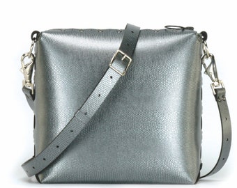 Pewter Medium Crossbody Bag, Personalized Handbag, Vegan Leather, Zipper Top Purse, Shoulder Bag, Designer Handbag, Custom Bag, Made in USA