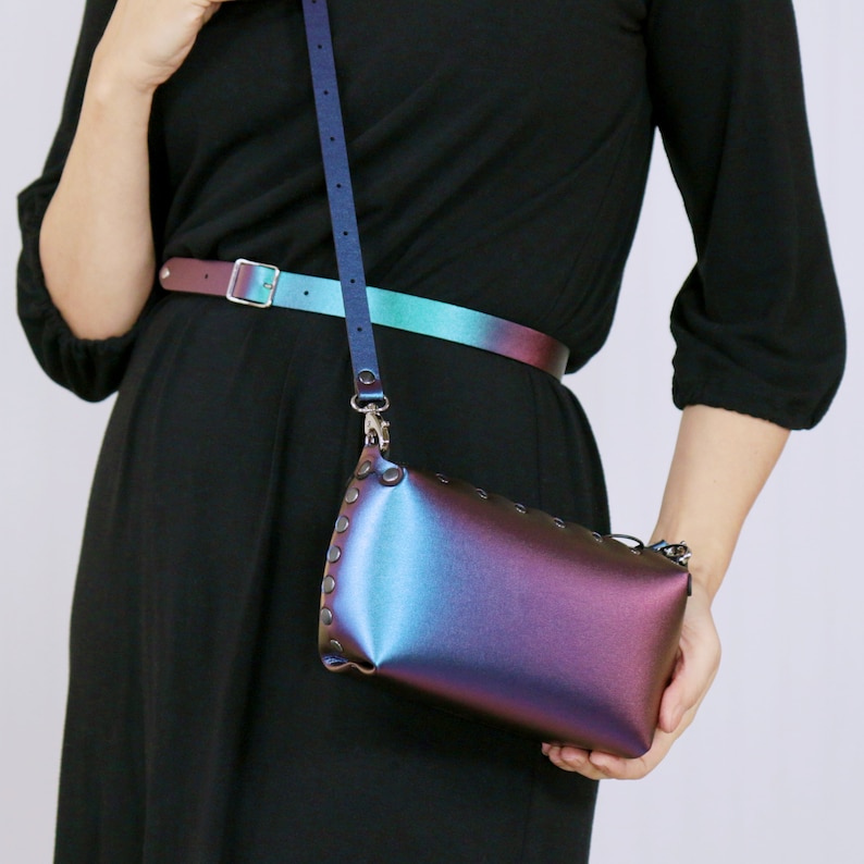 Peacock Mini Bag, Free Personalization, Vegan Cobalt Iridescent Leather Pouch, Small Zipper Top Purse, Clutch, Make Up Bag, Designer Handbag image 6