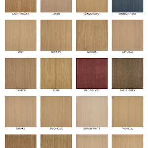 May include: A collection of wood veneer samples in various colors and finishes. The samples include shades like Light Roast, Linen, Mocha, and Midnight Sky. Each sample has a label with its name, offering a range of options for interior design projects.