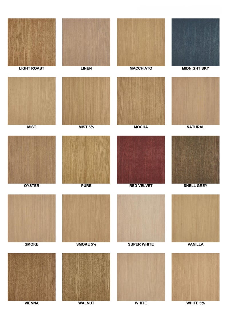 May include: A collection of wood veneer samples in various colors and finishes. The samples include shades like Light Roast, Linen, Mocha, and Midnight Sky. Each sample has a label with its name, offering a range of options for interior design projects.