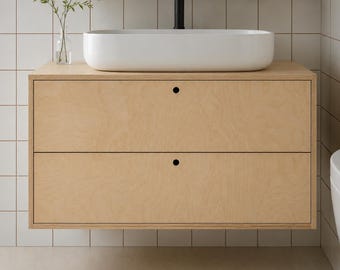 Minimalistiskt flytande badrumsskåp i plywood | Vattentät björkplywood | Mjukstängande lådor | Väggmonterat diskhoskåp
