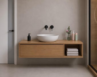 Schwimmende Badezimmer-Waschschrank aus Eiche, an der Wand befestigter Waschbeckenschrank, Schubladen mit Soft-Close