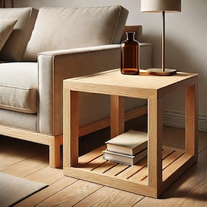 Könnte beinhalten: Ein Beistelltisch aus hellem Holz mit einem unteren Regal und einer Glasflasche auf dem oberen Regal. Der Tisch steht neben einem hellbeigen Sofa.
