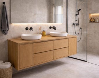 Floating Oak Bathroom Vanity, Wall-Mounted, Soft-Close Drawers
