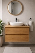 Floating Oak Bathroom Vanity, Wall-Mounted Sink Cabinet, Soft-Close Drawers