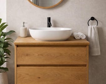 Zwevende eiken badkamermeubel, aan de muur gemonteerde gootsteenkast, zachtsluitende lades