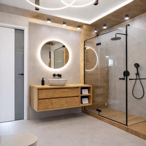 Peut inclure: Intérieur de salle de bain moderne avec un meuble-vasque en bois et un miroir rond éclairé. Une cabine de douche en verre avec des accessoires noirs et une pomme de douche pluie est visible. La pièce a des murs et un sol aux tons neutres.