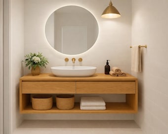 Mueble de baño flotante de roble hecho a mano con cajones de cierre suave.