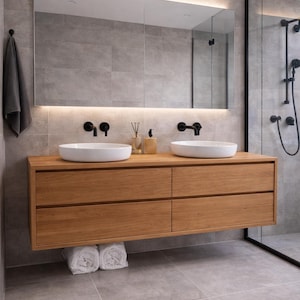 Floating Oak Bathroom Vanity, Wall-Mounted, Soft-Close Drawers