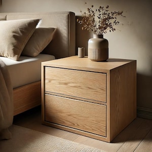 Peut inclure: Une table de chevet en bois clair avec deux tiroirs. La table de chevet est à côté d'un lit avec une tête de lit et des oreillers beiges. Un vase avec des fleurs séchées est posé sur la table de chevet.
