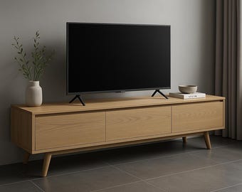 Solid Oak TV Stand, Mid-Century Modern Media Console, Soft-Close Drawers