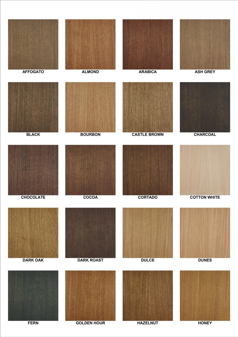 May include: A color chart featuring 20 wood stain swatches. Each square is labeled with a unique name, including "Affogato," "Almond," "Arabica," "Ash Grey," "Black," "Bourbon," "Castle Brown," and "Charcoal."