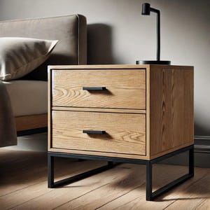 May include: A two-drawer nightstand with a wood top and black metal legs. The drawers have black metal pulls.