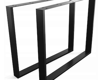 Könnte beinhalten: Zwei schwarze Tischbeine aus Metall, jedes mit einem quadratischen Rahmen. Die Beine sind aus robustem Metall gefertigt und haben ein schlichtes, modernes Design.