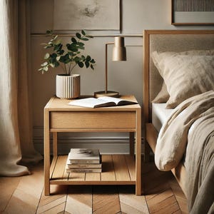 Op de afbeelding: Een licht eikenhouten nachtkastje met een lade en een onderste plank. Een stapel boeken staat op de plank. Een plant in een pot en een goudkleurige bureaulamp staan bovenop. Een open boek ligt op het oppervlak van de tafel.