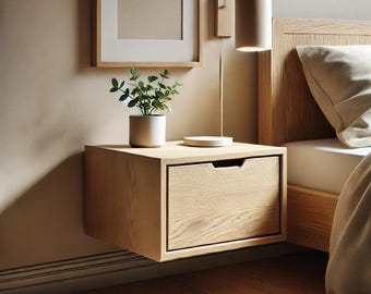 Solid Oak Hanging Nightstand, Floating Bedside Table
