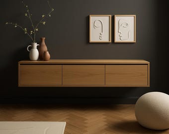 Solid Oak Floating TV Console, Handcrafted Media Unit