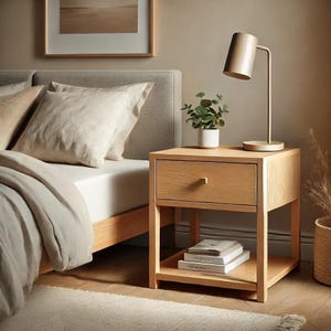 Peut inclure: Une table de chevet en bois clair avec un tiroir et une étagère en dessous. Une petite lampe et une plante en pot sont posées dessus. La table est à côté d'un lit avec une literie et des oreillers aux tons neutres. Une image encadrée est accrochée au mur.