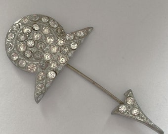 Vintage Art Deco 1930s Jabot Rhinestone Vintage White Metal Pin