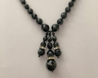 Vintage Art Deco English 1930s Faceted Black Glass Beaded Necklace