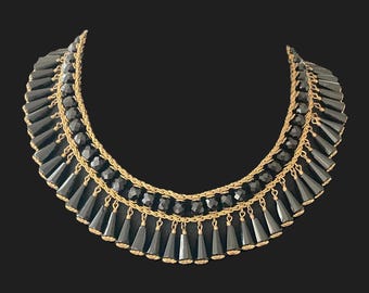 Vintage 1950s Miriam Haskell Faceted Black Glass Gold Tone Collar Necklace