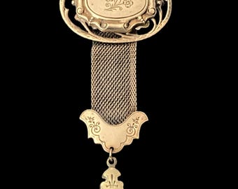 Antique Victorian Fob Style Floral Gold Filled Mesh Chain Statement Brooch