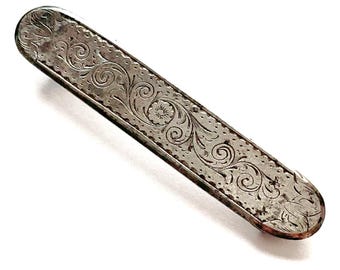 Antique Victorian Engraved White Metal Bar Brooch