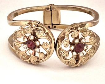 Vintage Mid-Century Rhinestone Hinged Clamper Bracelet