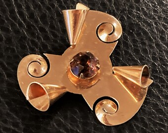 Vintage 1940s Retro Garnet Glass Sterling Rose Gilt Sculptural Brooch