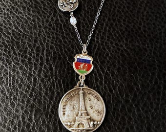 Vintage 1950s Paris Eiffel Tower & Arc du Triomphe Enamel Pendant on Cultured Pearl Necklace