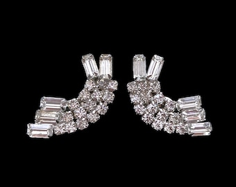 Vintage Mid-Century Colorless Rhinestone White Metal Clip Earrings