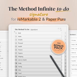 Könnte beinhalten: Eine digitale Planervorlage mit dem Titel The Method Infinite to-do signature für reMarkable 2 und Paper Pure. Der Bildschirm zeigt eine nummerierte Liste von Kategorien wie Work, Home, Errands und Personal, dazu ein schwarzer Stift und ein runder Aufkleber.