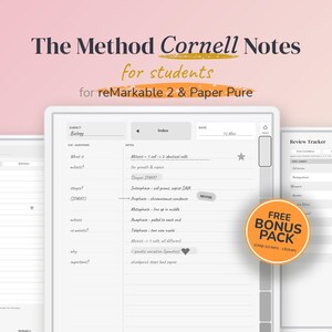 May include: Digital Cornell notes template for reMarkable 2 and Paper Pure tablets. The layout includes sections for subject, index, date, cues, notes, and summary. A circular orange badge indicates a free bonus pack of sleep screens and stickers.