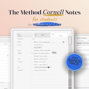May include: Digital Cornell Notes template for Supernote Nomad featuring a subject line, index, date field, and lined note-taking area. The layout includes a review tracker and a blue circular badge that reads FREE BONUS PACK.