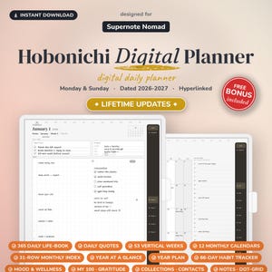 Könnte beinhalten: Ein digitaler Tagesplaner für Supernote Nomad mit dem Titel Hobonichi Digital Planner, datiert auf 2026-2027. Er bietet verlinkte Seiten, Optionen für Montag- oder Sonntagstart, 365 Tagesseiten, 53 vertikale Wochenansichten und 12 Monatskalender.