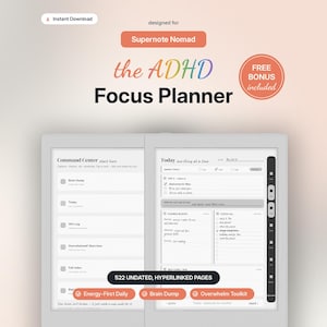 ADHD Focus Planner for Supernote Nomad | Energy-Based Daily Planner, Brain Dump, Overwhelm Toolkit, Undated Hyperlinked PDF Template