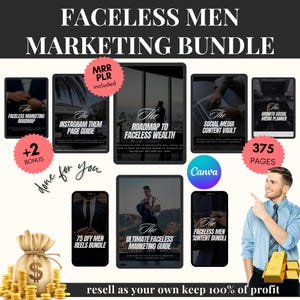 男性向け Faceless Marketing Bundle、8 つの Done For You ガイド、Faceless Digital Marketing、Canva 編集可能テンプレート、Faceless Men Reels、PLR、MRR