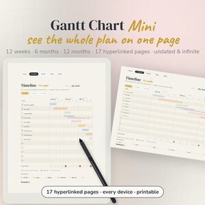 Peut inclure: Un planificateur numérique Gantt Chart Mini affiché sur une tablette et une feuille séparée, présentant une vue chronologique avec des options de 12 semaines, 6 mois et 12 mois. L'interface inclut 17 pages hyperliées et un stylet noir.