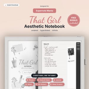 Puede incluir: Un cuaderno digital para Supernote Manta titulado That Girl Aesthetic Notebook. La interfaz presenta páginas con hipervínculos, diseños sin fecha y secciones para rituales, objetivos, visión, diario, notas, 210 pegatinas y pantallas de reposo.