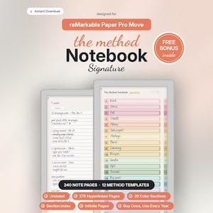 Può includere: Un taccuino digitale per reMarkable Paper Pro Move intitolato The Method Notebook Signature. Include 240 pagine di note, 12 modelli di metodo, 275 pagine con collegamenti ipertestuali e 20 sezioni a colori. L'interfaccia mostra un elenco di categorie tra cui Work, Home, Kids, Health, Money, Side Project, Meetings, Travel, Learning, Recipes, Garden, Gifts, Journal e Big Goals.