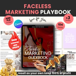 Faceless Marketing Guide, Digital Ebook MRR Passive Income Resell Rights, Social Media, Canva Template, Reels, Done For You Digital Products