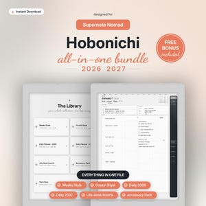 Peut inclure: Un ensemble de planificateurs numériques pour Supernote Nomad avec une interface de bibliothèque et un calendrier 2026-2027. L'écran affiche du texte incluant Hobonichi all-in-one bundle, The Library et divers boutons de navigation.