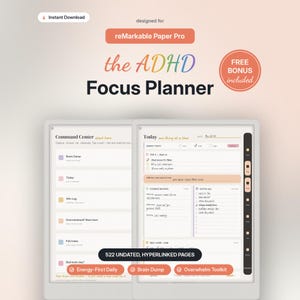 ADHD Focus Planner for reMarkable Paper Pro | Energy-Based Daily Planner, Brain Dump, Overwhelm Toolkit, Undated Hyperlinked PDF | Colorful
