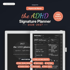 May include: A digital planner for Supernote Manta titled the ADHD Signature Planner 2026-2027. The interface features a dark mode layout with daily, weekly, and monthly sections, including handwritten task lists, a schedule, and navigation tabs.