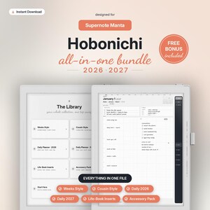 Può includere: Un pacchetto di pianificatori digitali per Supernote Manta con layout Hobonichi all-in-one 2026-2027. L'interfaccia mostra un menu della libreria con opzioni per Weeks Style, Cousin Style, Daily Planner e inserti Life-Book su un tablet.
