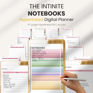 May include: A digital planner titled "The Infinite Notebooks" with the subtitle "Hyperlinked Digital Planner". The planner is a 47-page hyperlinked PDF in A4 size. The image shows a close-up of the planner open on a tablet, with a stylus hovering over the screen. The planner has a colourful design with sections for different topics, including "Work & Productivity", "Business Strategy & Marketing", "Creative Ideas & Brainstorming", "Writing & Client Roles", "Finance & Budgeting", "Wellness & Habit Tracker", and "Journaling".