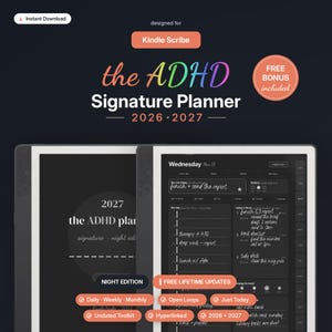 Può includere: Un'agenda digitale per Kindle Scribe intitolata the ADHD Signature Planner 2026-2027. L'interfaccia presenta un programma giornaliero in modalità scura con sezioni per attività, note e monitoraggio dell'energia, inclusi i mesi.