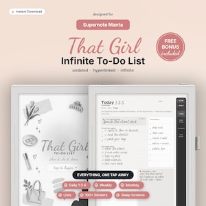 Peut inclure: Un planificateur numérique pour Supernote Manta intitulé That Girl Infinite To-Do List. L'interface présente une mise en page de tâches quotidiennes 1-3-5, des blocs horaires et des boutons de navigation. Inclut des autocollants, des écrans de veille et des pages hyperliées.