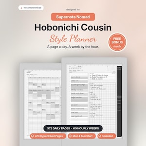 Hobonichi Cousin Style Digital Planner for Supernote Nomad Templates - Undated Daily, Mon & Sun Start, Hourly Week, Hyperlinked Monthly